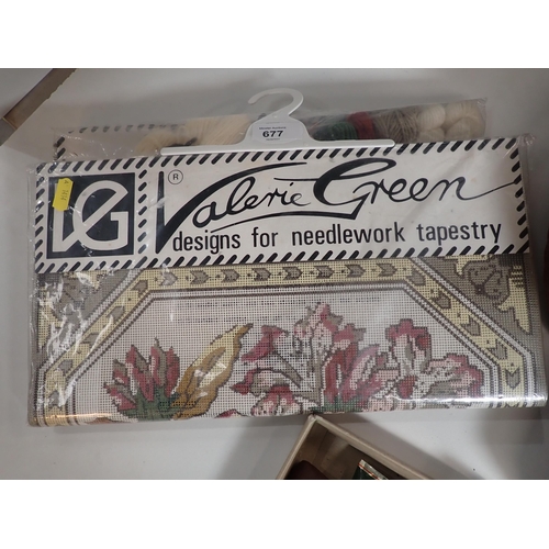 677 - A tray of Vestas, Lighters, Tobacco Case, a Valerie Green Tapestry Set, an a circular Sewing Basket