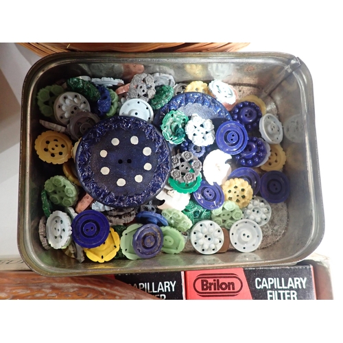 677 - A tray of Vestas, Lighters, Tobacco Case, a Valerie Green Tapestry Set, an a circular Sewing Basket