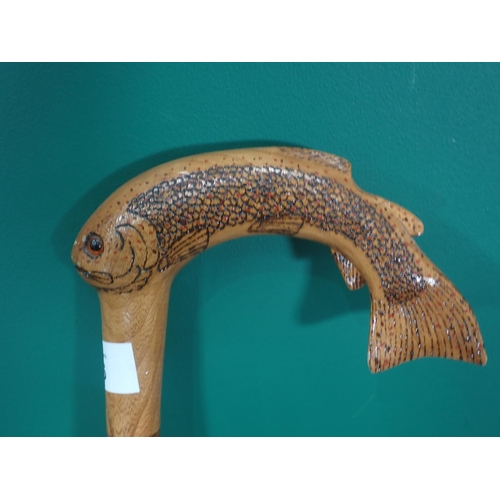 766 - A hazel Walking Stick with carved salmon handle