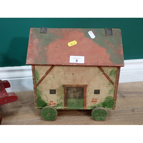 8 - A wooden Model of a Train, a wooden model House on wheels and a Penny Farthing Cyclist