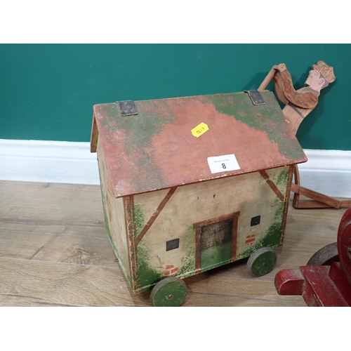 8 - A wooden Model of a Train, a wooden model House on wheels and a Penny Farthing Cyclist