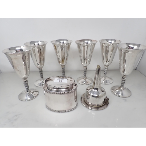 93 - A plated oval Tea Caddy with gadroon rims, a Wine Funnel, and six Goblets with spiral stems