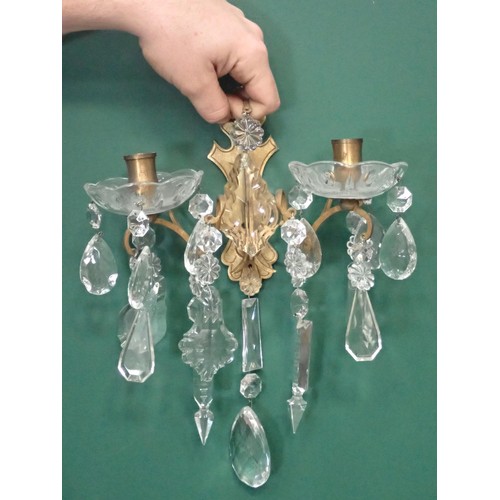 780 - A pair of brass and glass two branch Wall Sconces and a brass five branch Electrolier