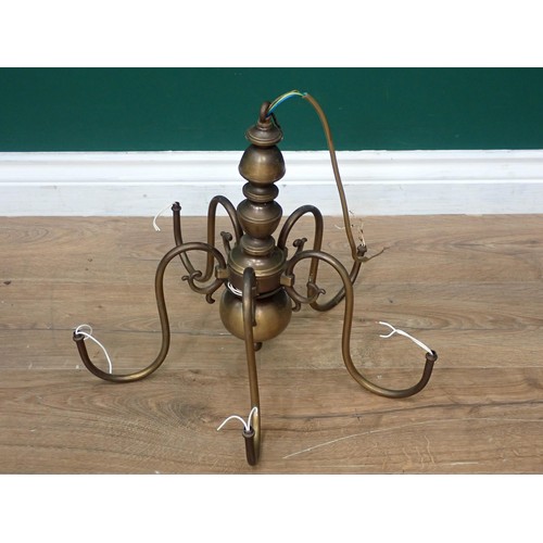 780 - A pair of brass and glass two branch Wall Sconces and a brass five branch Electrolier