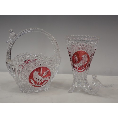 625 - A cut glass Ship's Decanter, and five Haufbuer glass items with red glass panels depicting birds.