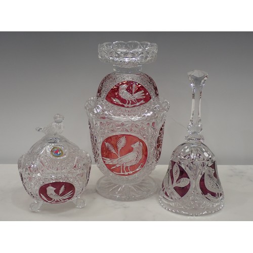 625 - A cut glass Ship's Decanter, and five Haufbuer glass items with red glass panels depicting birds.