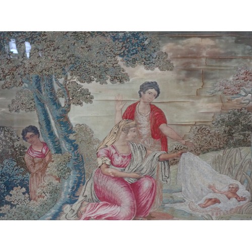 439 - A tapestry on silk depicting Moses in the reeds, and inscribed Mary Ann Webb, June 15th 1820, 18 x19... 