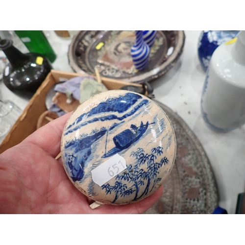 651 - A pierced metal Charger, a Chinese blue and white Vase with dragon design, 10in H, (chipped), a blue... 