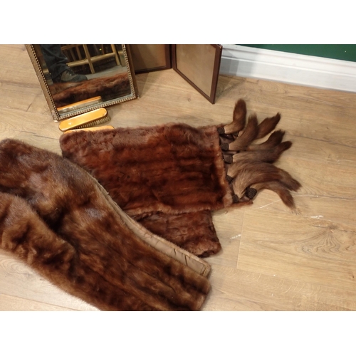 395 - A Fur Shawl, gilt framed Mirror, and two enamel Brushes.