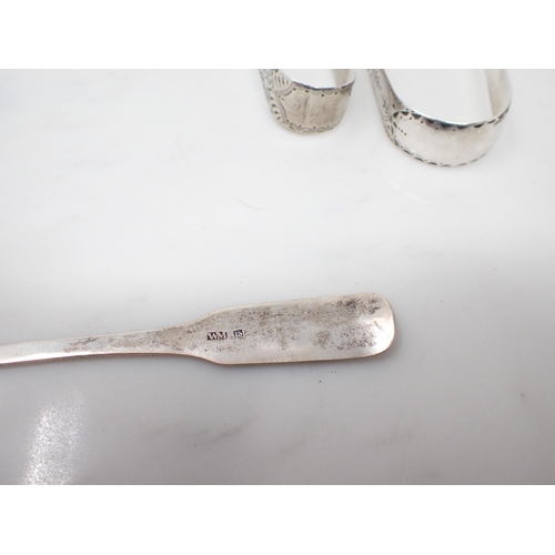 103 - A Provincial silver Teaspoon, fiddle pattern, marked WM13, two pairs of bright-cut Sugar Tongs, thre... 