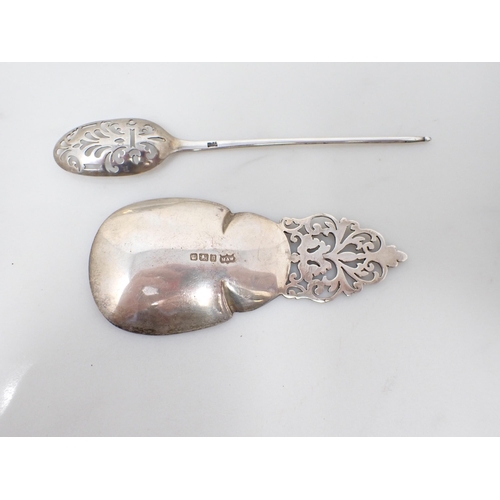 117 - A Georgian silver Mote Spoon engraved initial R, marked N (?), and a Caddy Spoon with flat pierced h... 