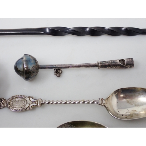 127 - A silver-gilt Spoon with mask and bird decoration, two silver Shooting Spoons, a Pusher, a Toddy Lad... 