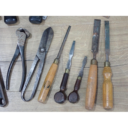 14 - A box of old Tools including large long handled Screwdrivers, Plastering Smoothers, Wrench, etc.