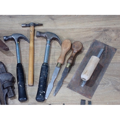 14 - A box of old Tools including large long handled Screwdrivers, Plastering Smoothers, Wrench, etc.