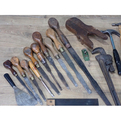 14 - A box of old Tools including large long handled Screwdrivers, Plastering Smoothers, Wrench, etc.