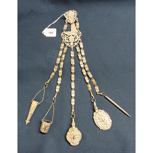 188 - A silver plated Chatelaine with suspended needle case, thimble, notebook and pencil