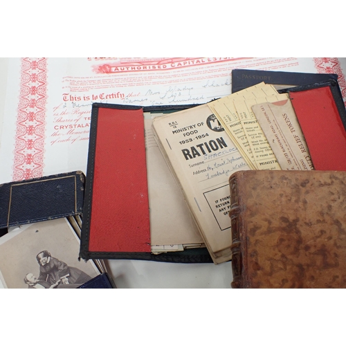 198 - A Daguerrotype, photos of Queen Victoria, Ration Books, Wallet, leather bound volume converted to a ... 