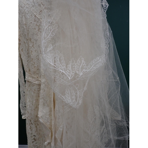 200 - A 1930's lace Wedding Dress and Veil in original box together with a faux fur Jacket, a fur Stole an... 