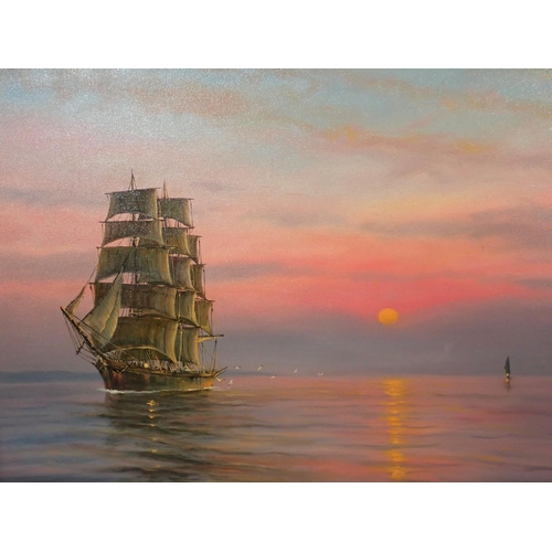 24 - A framed oil on canvas of a Tall Ship on a calm sea, signed Braunsten 3ft 5in W x 2ft 5in H