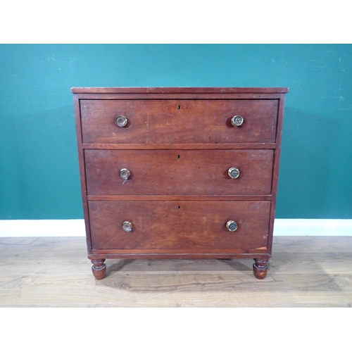 353 - A 19th Century mahogany Chest of three drawers on turned supports 2ft 7in W x 2ft 5in H