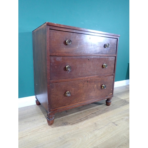 353 - A 19th Century mahogany Chest of three drawers on turned supports 2ft 7in W x 2ft 5in H