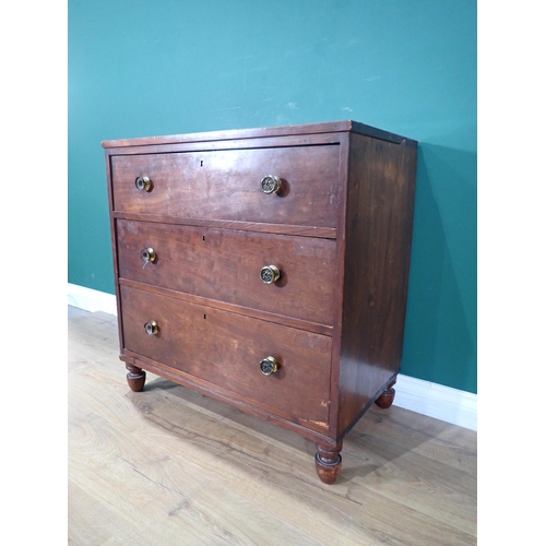 353 - A 19th Century mahogany Chest of three drawers on turned supports 2ft 7in W x 2ft 5in H