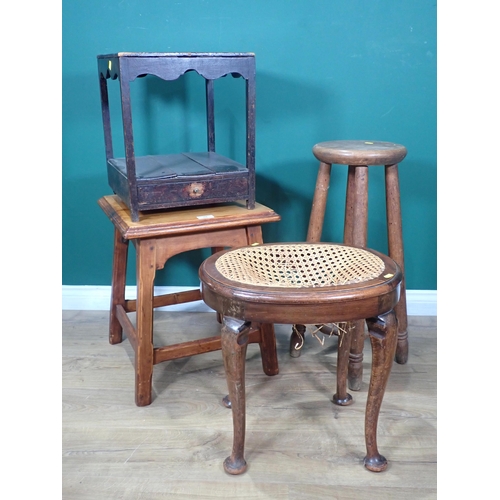 356 - An antique circular ash Stool, a mahogany cane seated Dressing Stool A/F, an oak two tier Occasional... 