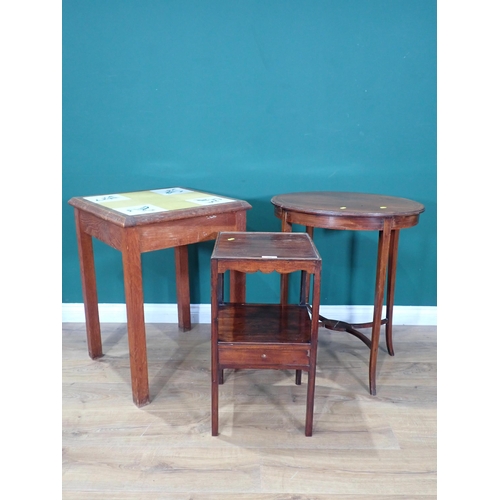 359 - An Edwardian mahogany and inlaid oval Occasional Table, a Georgian mahogany Washstand and a tile top... 