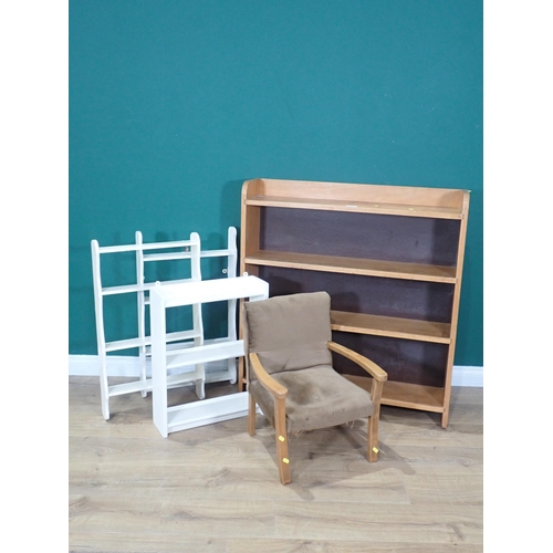 360 - A modern Bookcase, three white painted Wall Shelves and a child's Elbow Chair