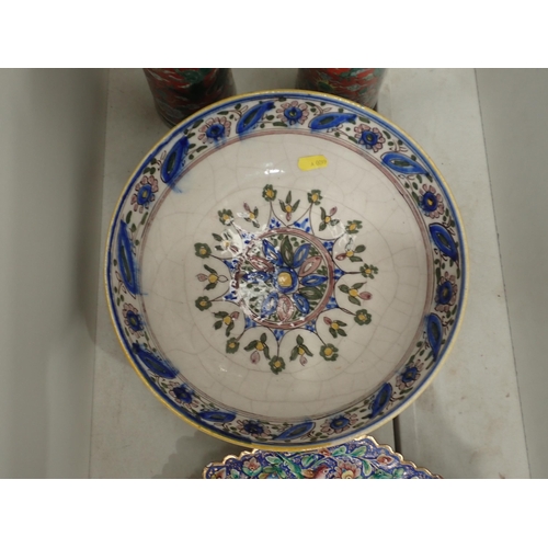 467 - A Persian Qajar Bowl decorated stylised flowers in blue, green and yellow glazes, 10 1/2in Diam, a p... 