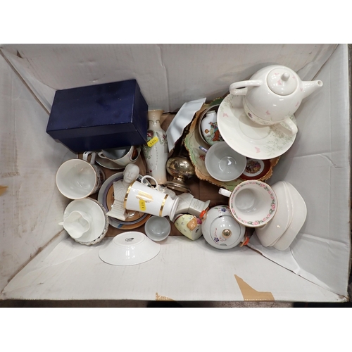 470 - Four boxes containing Teapots, Table Lamps, Teaware, Figures, etc