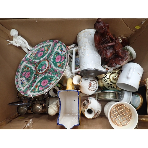 470 - Four boxes containing Teapots, Table Lamps, Teaware, Figures, etc