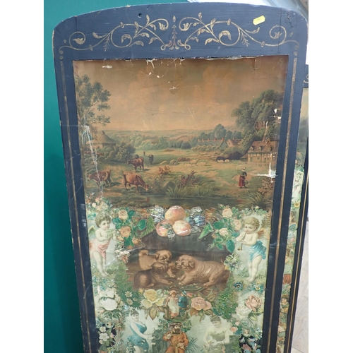 48 - A Victorian lacquered and decoupage four panel Dressing Screen 6ft H