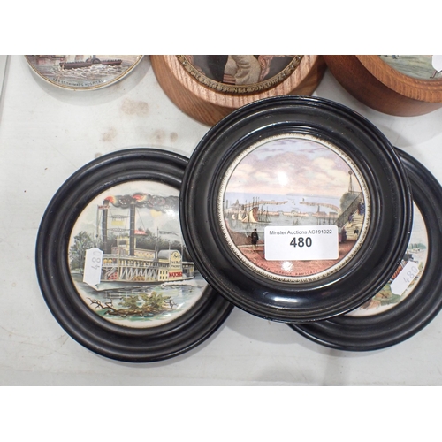 480 - A quantity of Prattware Pot Lids, some in ebonised and wooden frames, some A/F and a pair of Prattwa... 