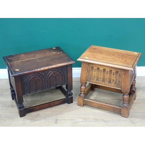 49 - An oak Hall Chair in the Carolean style and two reproduction oak Box Stools