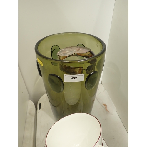 492 - A large green glass Vase, a pair of Staffordshire Cups and Saucers, Vases, etc