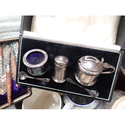 496 - A cased silver Christening Set comprising of Forks, Spoon and a Napkin Ring, plated Condiment Set, a... 