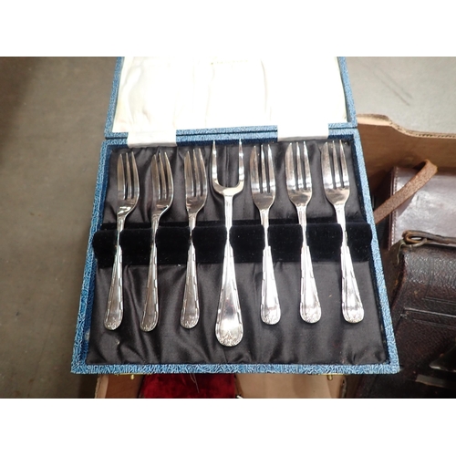 496 - A cased silver Christening Set comprising of Forks, Spoon and a Napkin Ring, plated Condiment Set, a... 