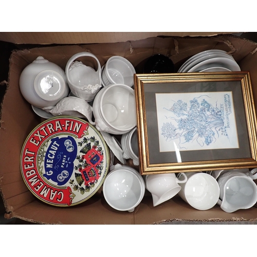 510 - Four boxes including Italian white china, Plates, Glassware, Games and an old Tin