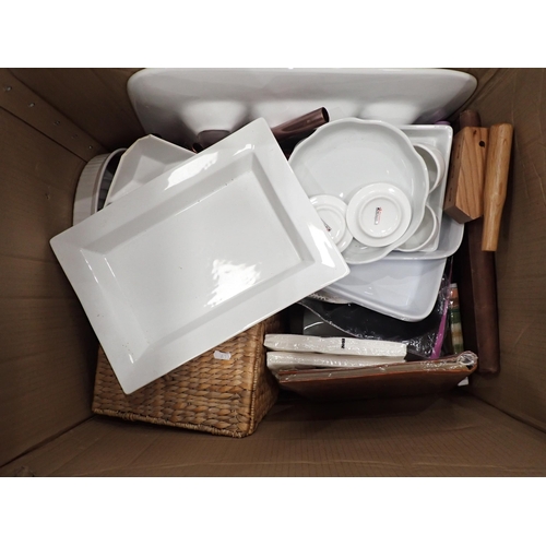 510 - Four boxes including Italian white china, Plates, Glassware, Games and an old Tin