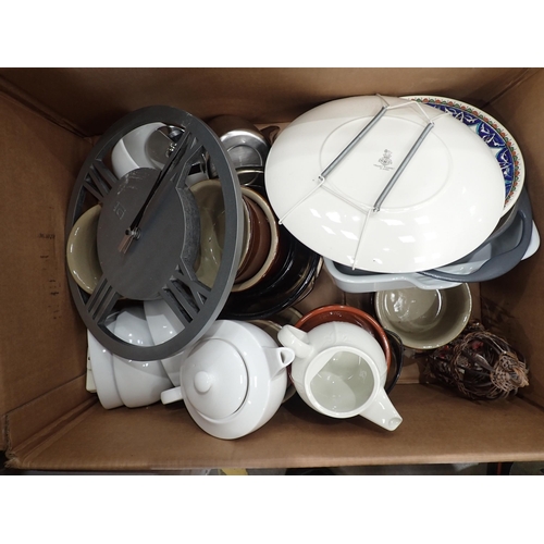 510 - Four boxes including Italian white china, Plates, Glassware, Games and an old Tin