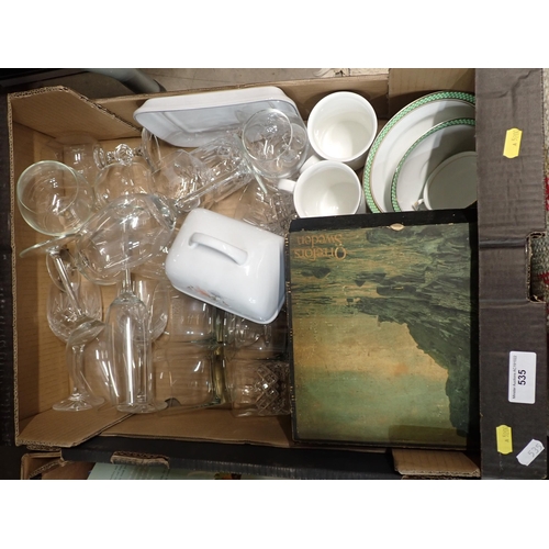 535 - Three boxes containing glassware, books, dishes, etc