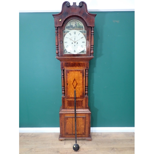 564 - A 19th Century Longcase Clock with arched dial painted with scenes of sportsman and pointers within ... 