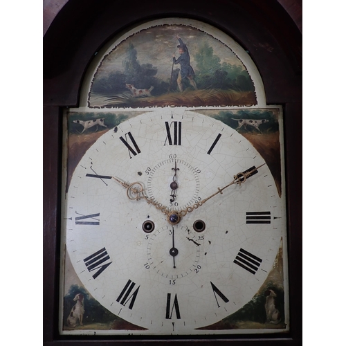 564 - A 19th Century Longcase Clock with arched dial painted with scenes of sportsman and pointers within ... 