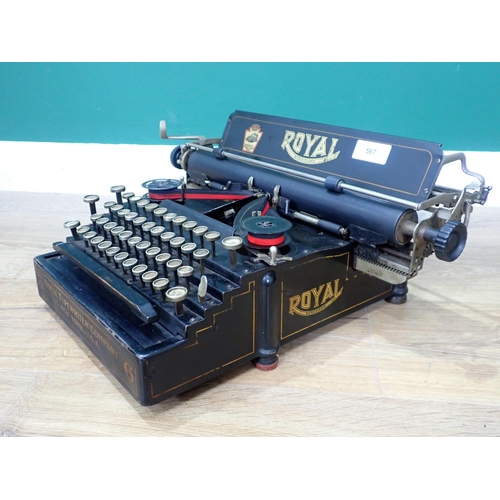 567 - A Royal No.6 flatbed Typewriter, Serial No.117010-6. The first mould of the Royal introduced in 1905