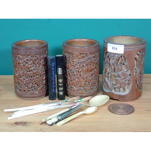 574 - Three Chinese carved bamboo Brush Pots with assorted Brushes