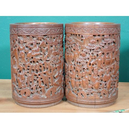 574 - Three Chinese carved bamboo Brush Pots with assorted Brushes