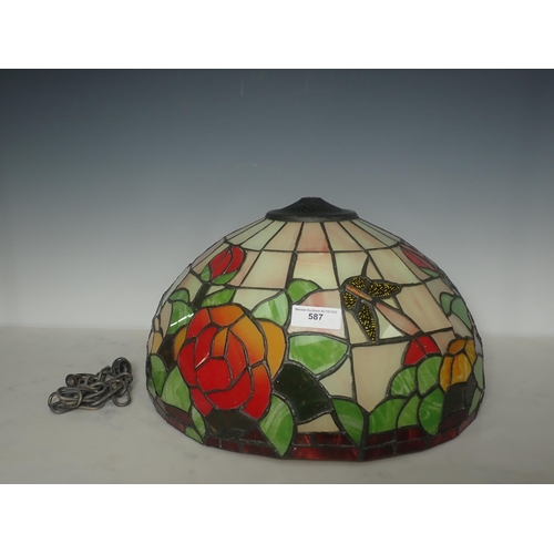 587 - A Tiffany style ceiling Light, with leaded and coloured glass panels, 16in diam