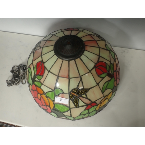 587 - A Tiffany style ceiling Light, with leaded and coloured glass panels, 16in diam