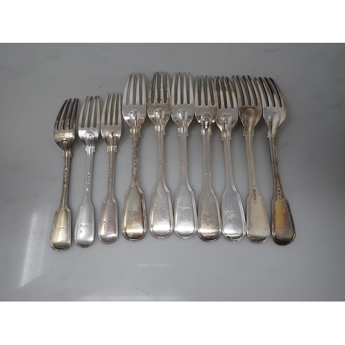 149 - Seven 19th Century silver Dinner Forks, fiddle and thread pattern engraved crests, London 1882/3, et... 